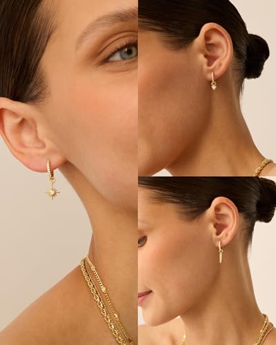 PAVOI 14K Gold Plated Mix & Match Charms Dainty Huggie Earrings for Women | Hypoallergenic Earrings with 925 Sterling Silver Posts, Huggie Hoop Earrings with Motif Dangle Charms Pack - style: North Star