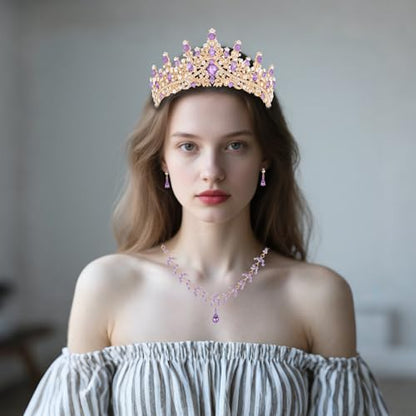Crystal Crown and Tiara Jewelry Set for Women Bride with Necklace Earrings | Metal Rhinestone Royal Queen Princess Jewelry Set Wedding Quinceanera Pageant Prom Birthday Halloween Party Costume Gift - color: Style E-Gold Purple