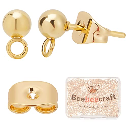 Beebeecraft 100PCS 24K Gold Plated Earring Studs with Loop Ball Post Earring Findings with 100Pcs Butterfly Ear Back for DIY Jewelry Dangle Earring Making(15x7mm, Ball: 4mm) - color: Gold, size: 4mm Ball