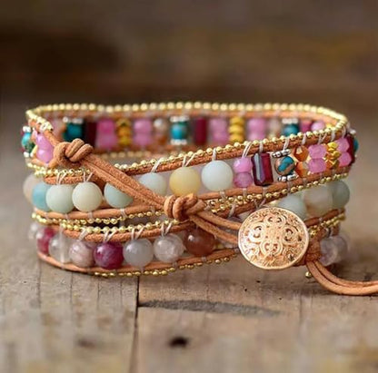 Women Wrap Bracelets Boho Natural Stone Jasper Turquoises Strand Bracelet Jewelry Collection - color: Pink
