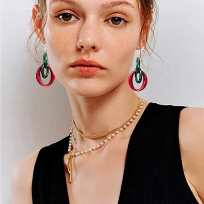 Bohemian Simplicity Acrylic Geometry Oval Circle Dangle Drop Earrings Lightweight Resin Chain Hook Earrings For Women - color: Red