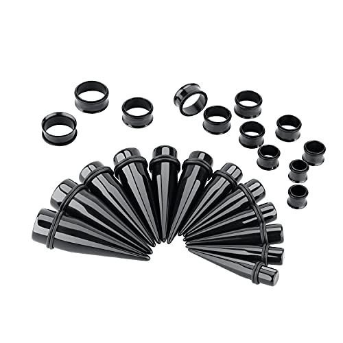 24PC Ear Gauge Stretching Kit Acrylic Tapers and Surgical Steel Tunnels Plugs 00G-20MM Gauge Stretching Kit - color: Black-Black