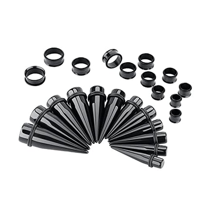 24PC Ear Gauge Stretching Kit Acrylic Tapers and Surgical Steel Tunnels Plugs 00G-20MM Gauge Stretching Kit - color: Black-Black
