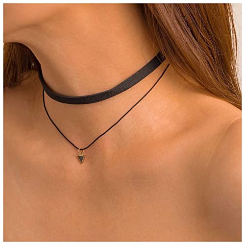 Fesciory Black Necklaces for Women, Adjustable Layered Velvet Leather Lace Collar Necklace, Goth Jewelry Gifts. - color: Double Layer Triangle1