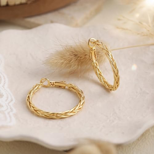 Gold Earrings for Women 14K Gold Hoop Earrings for Women | 14K Gold Earrings for Women Hoop Twisted Woven Texture and Braided Detailing Gold Hoop Earrings for Womens 30mm