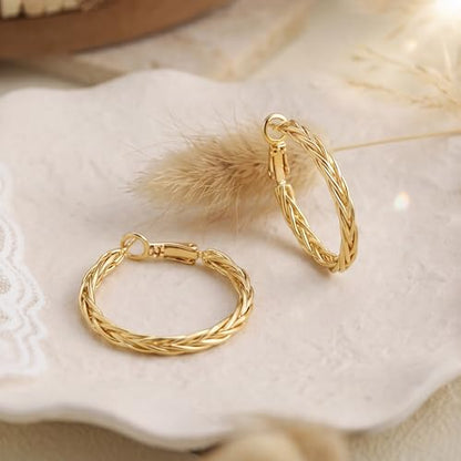 Gold Earrings for Women 14K Gold Hoop Earrings for Women | 14K Gold Earrings for Women Hoop Twisted Woven Texture and Braided Detailing Gold Hoop Earrings for Womens 30mm