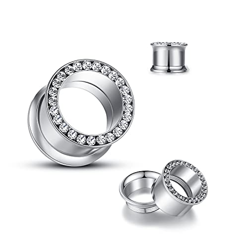 WBRWP 2pcs Hollow Gold Stainless Steel with Zircon Ear Plugs Tunnels - Ear Expander - Ear Gauges Stretcher Body Piercing Jewelry 8g-5/8 - color: Silver color with CZ