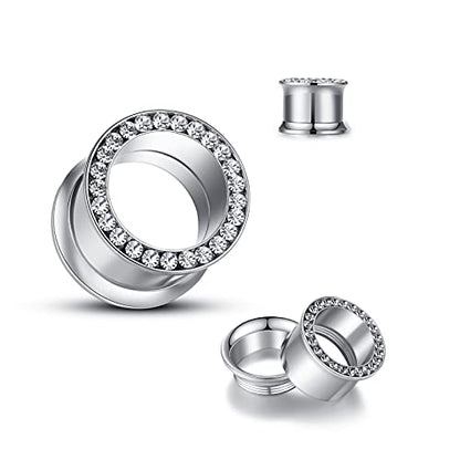 WBRWP 2pcs Hollow Gold Stainless Steel with Zircon Ear Plugs Tunnels - Ear Expander - Ear Gauges Stretcher Body Piercing Jewelry 8g-5/8 - color: Silver color with CZ