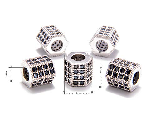 AD Beads Zircon Pave Rhinestones Big Hole Hexagon Spacer Beads 7x8mm 5Pcs Black on Silver - color: 5 Pcs Black on Silver Hexagon (7x8mm)