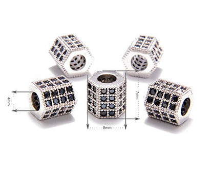 AD Beads Zircon Pave Rhinestones Big Hole Hexagon Spacer Beads 7x8mm 5Pcs Black on Silver - color: 5 Pcs Black on Silver Hexagon (7x8mm)