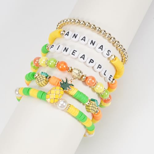 Twinfree Bohemian Cute Fruit Banana Cherry Strawberry Pineapple Mango Polymer Clay Beaded Stackable Stretch Bracelets - color: Color 1