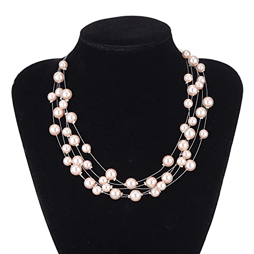 FULU AUTUMN Layered Pearl Necklace Multi-strand Pearl Choker Necklaces for Women Beaded jewelry for Wedding Parties - color: Pink