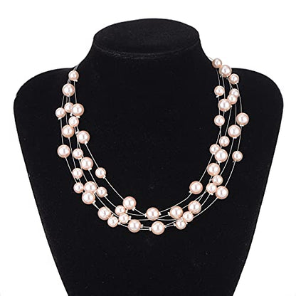FULU AUTUMN Layered Pearl Necklace Multi-strand Pearl Choker Necklaces for Women Beaded jewelry for Wedding Parties - color: Pink