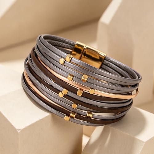 hotoo Leather Wrap Bracelet for Women - color: Multi-Strand (Gray-Gold)
