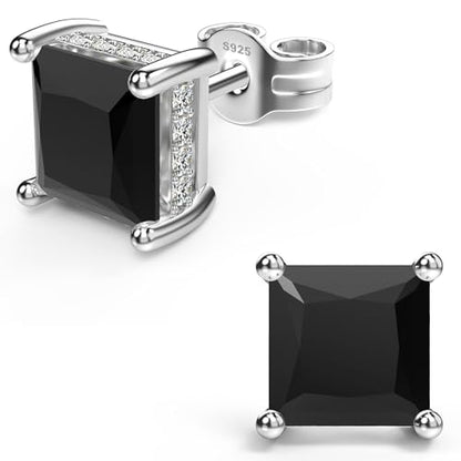 Princess Cut Cubic Zirconia Stud Earrings for Men Women | Square CZ Simulated Diamond Studs, 18K White Gold Plated Sterling Silver, Hypoallergenic - color: Black, size: 7MM
