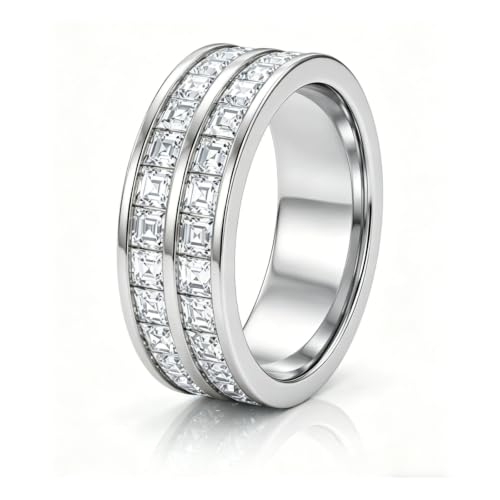 CZ Eternity Rings for Women 14K Gold Plated or Platinum 3.5mm/7mm Non Tarnish Stainless Steel Stackable Princess Cut Wedding Engagement Promise Band Sizes 5-10 - color: Silver-7mm