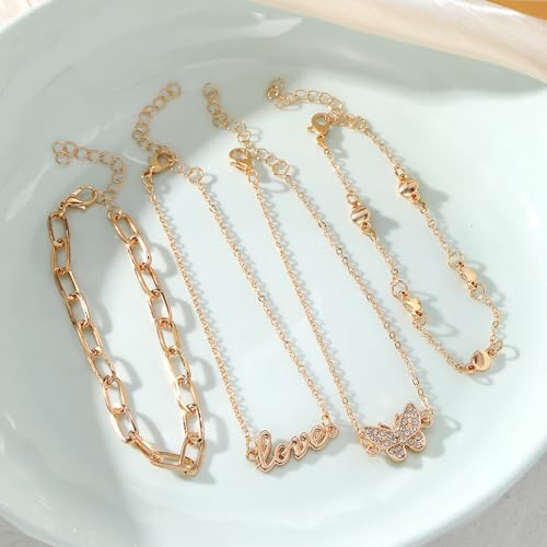Fesciory 14K Gold Plated Ankle Bracelets Sets For Women, Adjustable Layered Infinite Anklet, Summer Beach Butterfly Star Foot Chain Jewelry Gifts - style: Love(Gold)