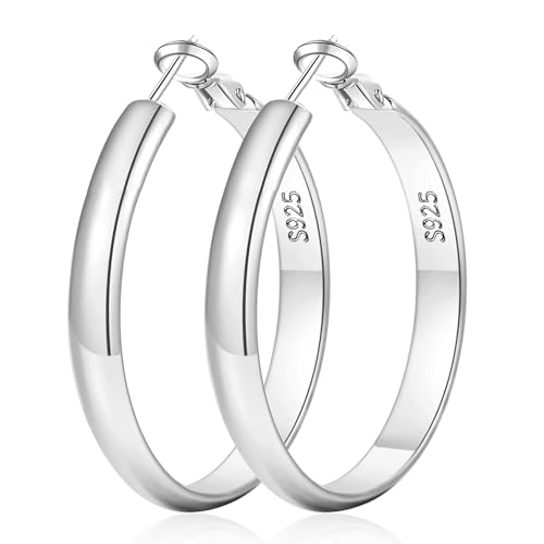 EXGOX 5mm Wide Gold Hoop Earrings for Women,Sterling Silver Hoop Earrings Large Silver Hoop Earrings Hypoallergenic Lightweight 14K Real Gold Plated Big Hoop Earrings for Women 30/40/50/60/70mm - color: Silver Color/50MM