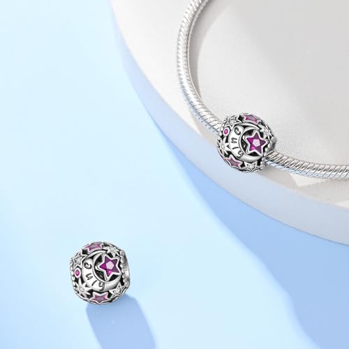 925 Sterling Silver Birthstone Star & Moon Bead Charms with Cubic Zirconia | 12 Months Birthstones, Compatible with Pandora & European Bead Charms Bracelets,Celestial Birthday Jewelry Gift for Women - color: July Magenta Birthstone Charm