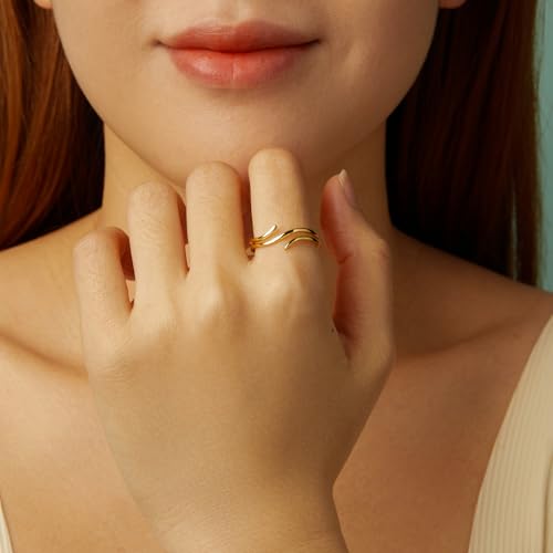MUNDELL 925 Sterling Silver Simple Multi-layer Leaf Adjustable Ring Green Lucky Leaves Statement Ring for Women Promise Ring Fine Jewelry - color: Golden