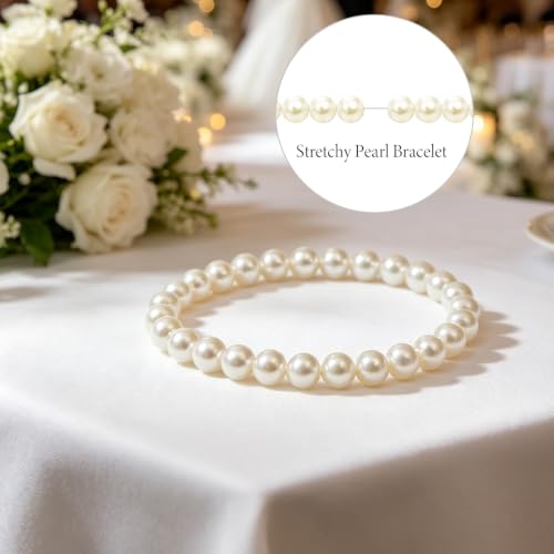 30 PCS Pearl Bracelets for Women, Stretch Bridesmaid Faux Pearl Beaded Bracelets Set, Bulk Wedding Bridal Party Favor Jewelry Gifts(White) - color: 30 Beige