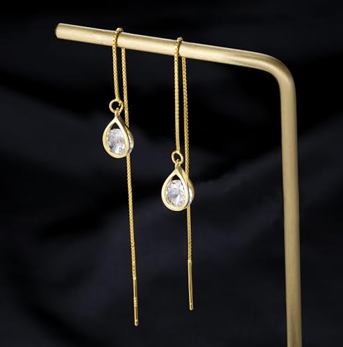 Reffeer Solid 925 Sterling Silver CZ Droplet Chain Dangle Earrings for Women Teen Girls Tassel Dangle Earrings Threader - color: B-Yellow