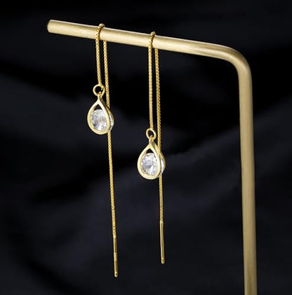 Reffeer Solid 925 Sterling Silver CZ Droplet Chain Dangle Earrings for Women Teen Girls Tassel Dangle Earrings Threader - color: B-Yellow