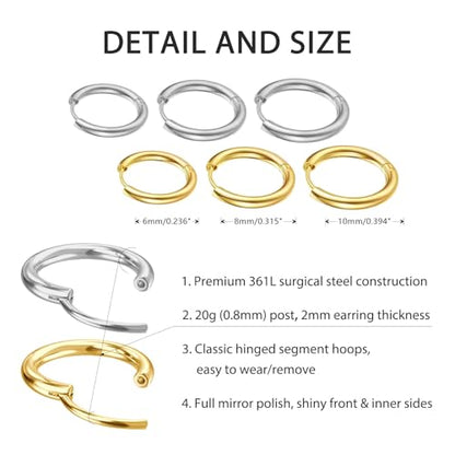 4 Pairs Small Gold Silver Huggie Hoop Earrings for Women Surgical Steel Set | 14K Gold Plated 316L Stainless Steel, 6/8/10/12 mm, Hypoallergenic, Lightweight, Mini Jewelry - color: Silver+Gold/6 Pairs