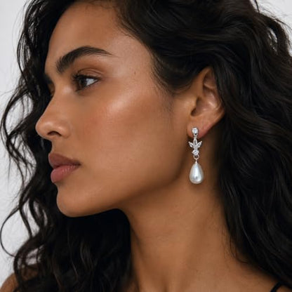 Pearl Dangle Clip On Earrings for Women - 14K Gold Silver Plated Cubic Zirconia Pearl Drop Earrings Trendy Long Non Pierced Bridal Earrings Fashion Jewelry Gifts - color: Silver