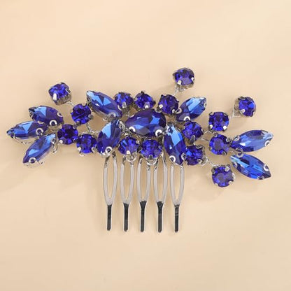 Dainty Teardrop Rhinestone Crystal Wedding Hair Comb Handmade Hair Side Comb Women Girls Wedding Headpiece Silver Gold Wedding Hair Accessories for Brides Bridesmaid (blue) - color: blue