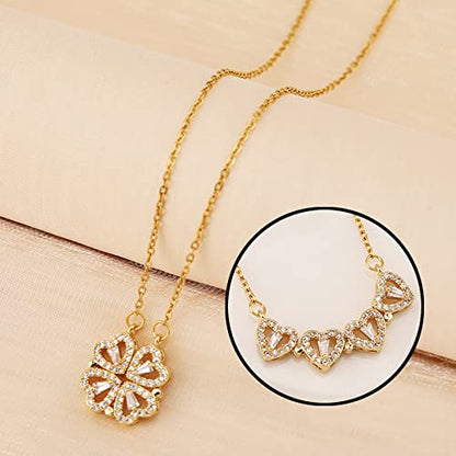 Four Leaf Clover Necklace Foldable for Women,925 Sterling SIlver Bling zircon stone Four Heart Grass Women's Necklaces Crocker ,Retro Magnetic Folding Love Heart Pendant One Style,Two Wearing Methods - color: Gold