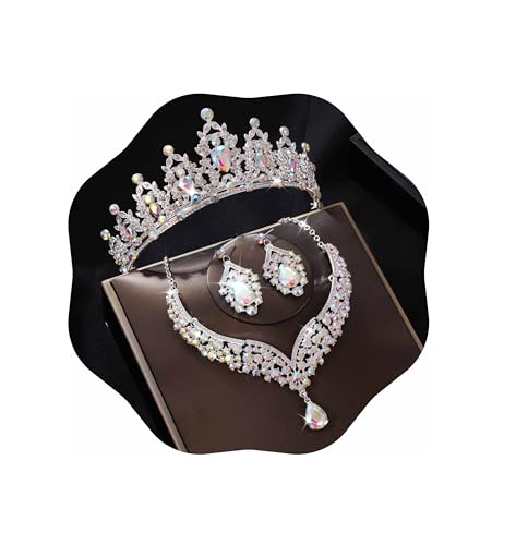 Kamirola Bridal Wedding Tiara Crown Jewelry Set for Women/Brides/Bridesmaids Crystal Jewelry Set for Wedding Prom Party Bridal Crystal Necklace Earrings Bracelet Set(TR60) - color: Silver AB