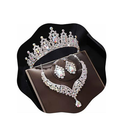 Kamirola Bridal Wedding Tiara Crown Jewelry Set for Women/Brides/Bridesmaids Crystal Jewelry Set for Wedding Prom Party Bridal Crystal Necklace Earrings Bracelet Set(TR60) - color: Silver AB