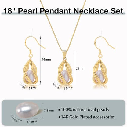 Pearl Jewelry Set For Women S925 Sterling Silver/14K Gold Plated Necklace & Earrings Set Freshwater Pearl Pendant Cage Set for Wedding Anniversary Prom Birthday Gift - color: Golden-Purple
