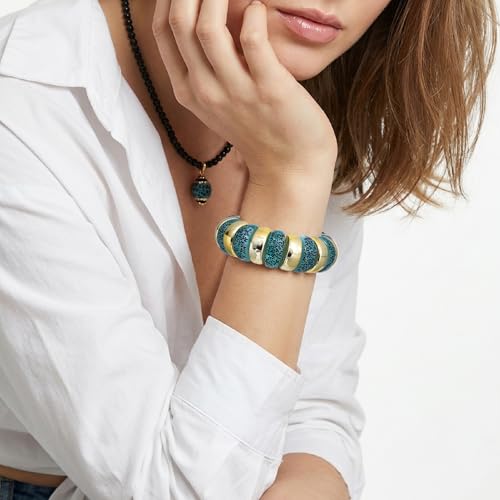 GOOJIDS Simple Beaded Gold Plated Bangles Bracelet Chunky Bamboo Tube Curved Stacking Clear Acrylic Colorful Beads Stretchable Gold Plated Bracelets Set For Women - color: B-Gold&Green Leopard