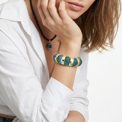 GOOJIDS Simple Beaded Gold Plated Bangles Bracelet Chunky Bamboo Tube Curved Stacking Clear Acrylic Colorful Beads Stretchable Gold Plated Bracelets Set For Women - color: B-Gold&Green Leopard