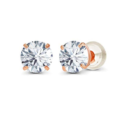 Solid 14K Yellow or White or Rose Gold 6mm Round Genuine Birthstone Gemstone Prong Set Stud Earrings For Women - color: White Topaz
