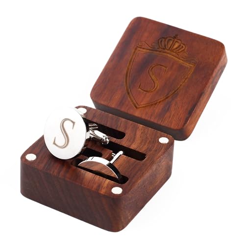 Mens Initial Silver Cufflinks A-Z Alphabet Letter Steel Cuff Links with Engraved Walnut Wood Box Groom Groomsman Wedding Set… - style: S
