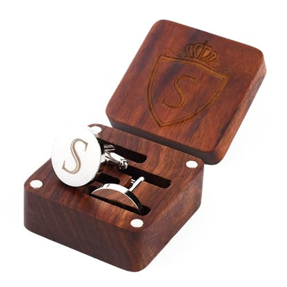 Mens Initial Silver Cufflinks A-Z Alphabet Letter Steel Cuff Links with Engraved Walnut Wood Box Groom Groomsman Wedding Set… - style: S