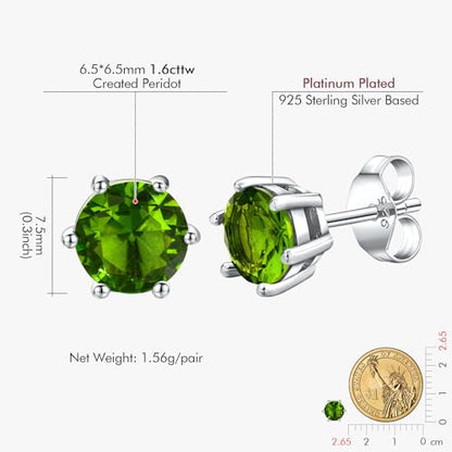 DAYBYDAY 925 Sterling Silver Birthstone Earrings for Women, Crystal Stud Earrings, 6.5mm Round Cut Solitaire Gemstone Earrings Birthday Jewelry - style: Round Cut-08. Aug/created peridot