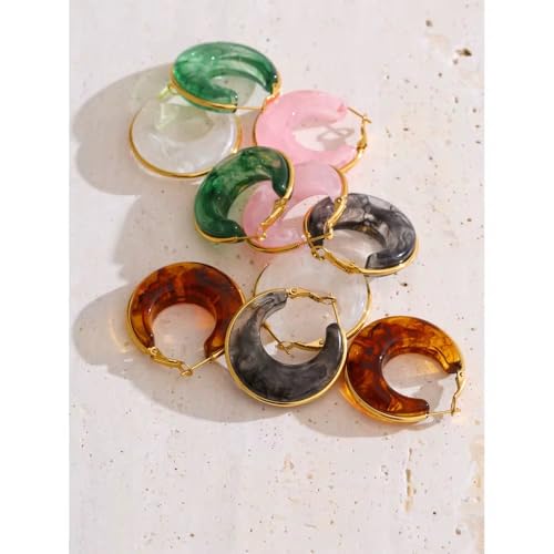 Gold Plated Stainless Steel Acrylic Hoop Earrings for women,Chunky Marbled Resin C-Hoops - CLOUD WHITE