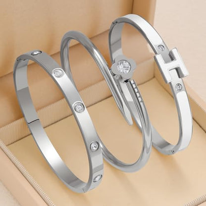3Pcs Gold Bracelets for Women 14K Gold Plated Love/H/Nail Bangle Bracelet Dainty Non Tarnish Bracelet Jewelry Christmas Mothers Day Gifts for Women - color: 3Pcs Silver/White H bracelet