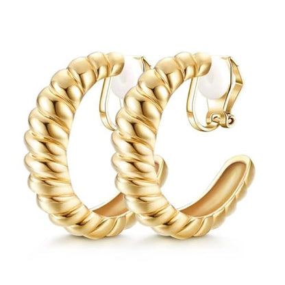 Non Pierced Gold Tone Clip On Hoop Earrings - style: Twisted Croissant Hoops