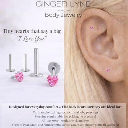 Titanium Heart CZ Labret Stud Earrings for Piercings by Ginger Lyne 6Pc Set G23 Screw Front Flat Back Body Jewelry 2 pair post 6mm, 8mm Cartilage, Helix, Tragus, Lip, Conch, Lobe - color: 3mm-Pink