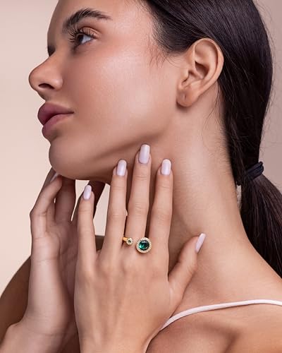 SNGIA 18K Gold Plated Adjustable Open Ring for Women Natural Stone CZ Statement Ring Tiger Eye Emerald Ruby Lapis Black Onyx Turquoise Evil Eye Boho Stackable Cocktail Ring Birthday Gift Jewelry - style: Emerald