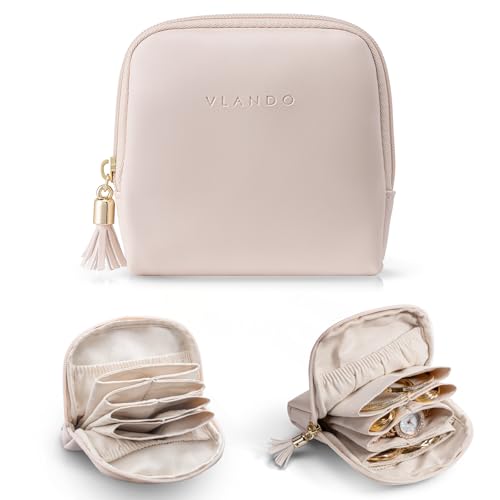 VLANDO Small Travel Jewelry Case,Velvet Pouch Bags with Zipper,Apricot Pink | Travel Essentials,PU Leather Organizer with 5 Divided Sections,Carry-On Totes,Gift for Birthday,Bride,Bridesmaid,Women,Girls - color: A.Apricot Pink
