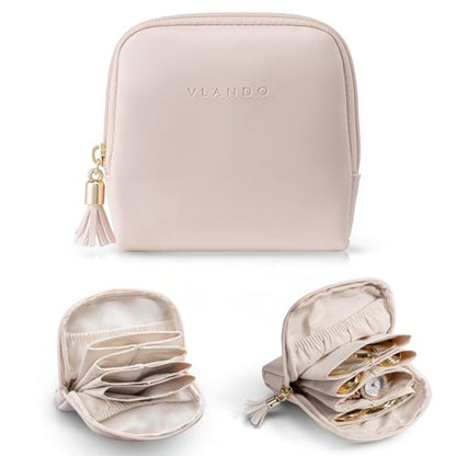 VLANDO Small Travel Jewelry Case,Velvet Pouch Bags with Zipper,Apricot Pink | Travel Essentials,PU Leather Organizer with 5 Divided Sections,Carry-On Totes,Gift for Birthday,Bride,Bridesmaid,Women,Girls - color: A.Apricot Pink