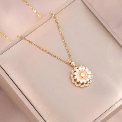Sunflower Fidget Necklace for Women Gold Moon Necklace Rotating Heart Necklaces Spinning Crystal Flower Anxiety Necklaces Crescent Moons Jewelry Accessories - color: Pink and White