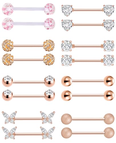Akeoqi 8 Pairs Nipple Rings Tongue Ring 14G Stainless Steel CZ Ball Heart Butterfly Nipple Straight Barbells Body Piercing Jewelry for Women Men Silver Rose Gold Plated 14mm - color: A:Rose Gold, size: 14mm