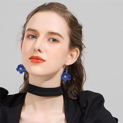 Bohemian Daisy Flower Matte Floral Long Petal Drop Dangle Earrings Layered Tiered for Women Chic Boho Wedding Jewelry - color: Dark Blue